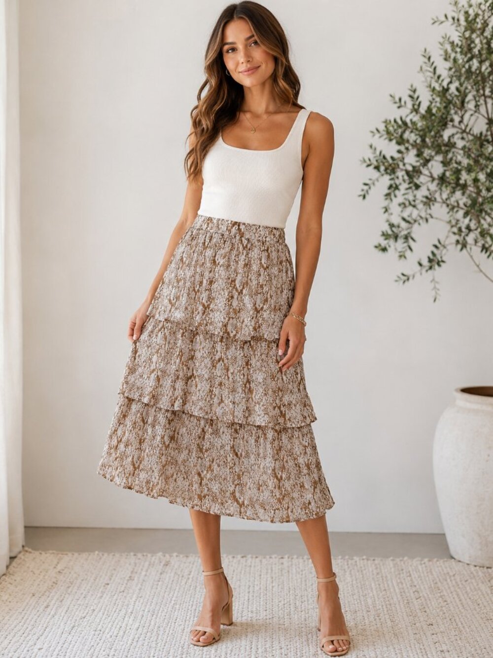 She + Sky Women’s Beige Brown Snakeskin Print Tiered Ruffle Midi Skirt Size Med